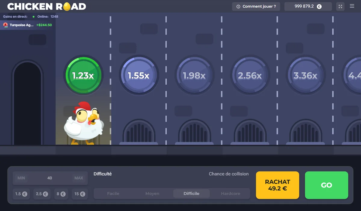 Cash out sur Chicken Road en niveau Difficile : première ligne à 1,23x, bouton RACHAT 49.2 € et bouton GO