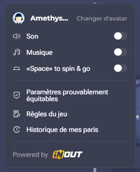 Menu de Chicken Road : Son, Musique, Space to spin and go, Paramètres prouvablement équitables, Règles du jeu, Historique de mes paris