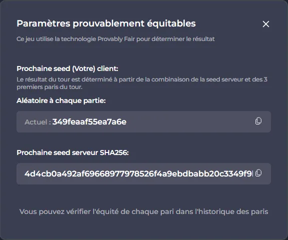 Fenêtre Paramètres prouvablement équitables avec seed client et hash SHA256